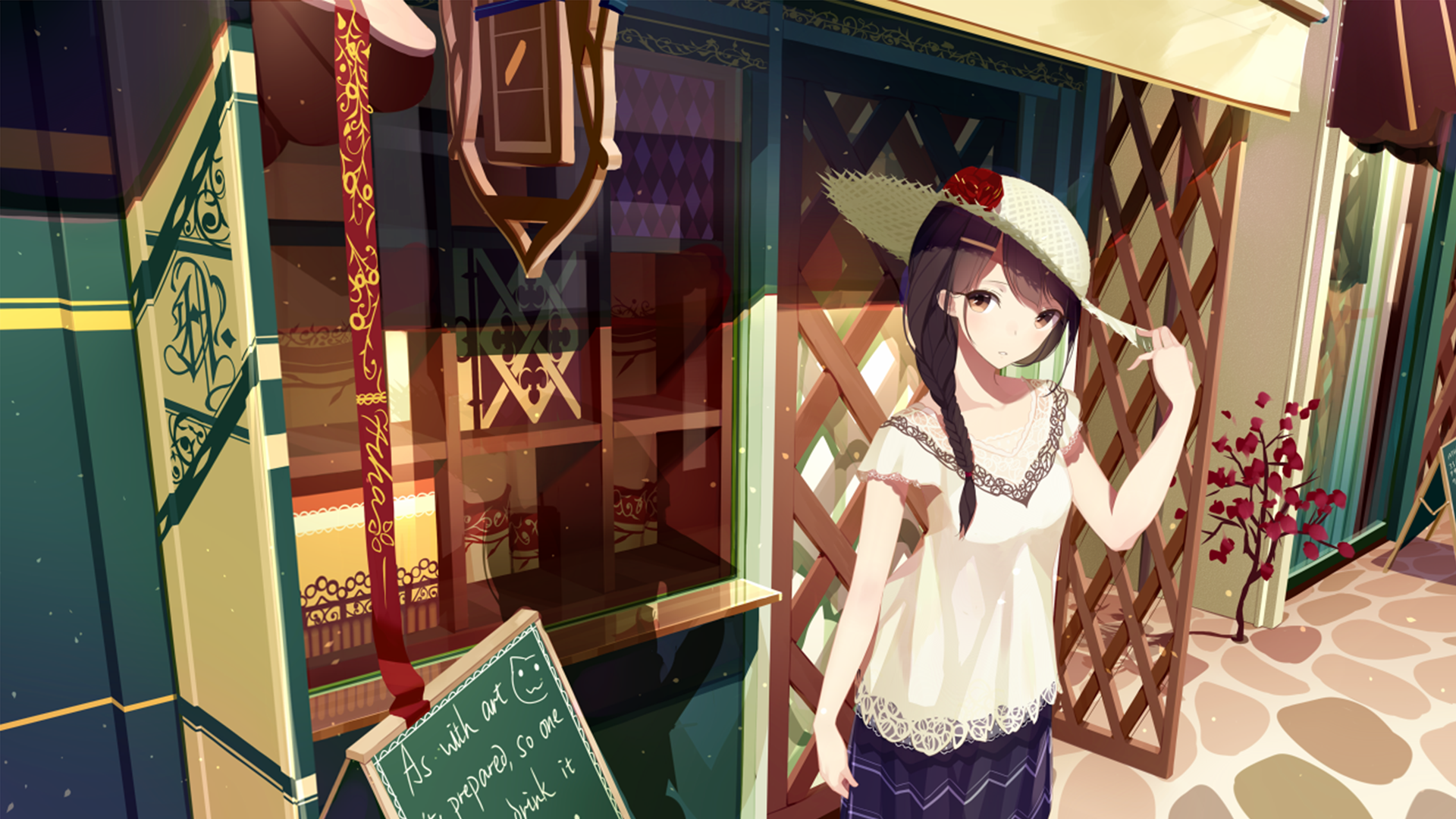 HD anime original artwork of a girl in a white hat and dress standing outside a charming café, captured as a vibrant PC desktop wallpaper background.