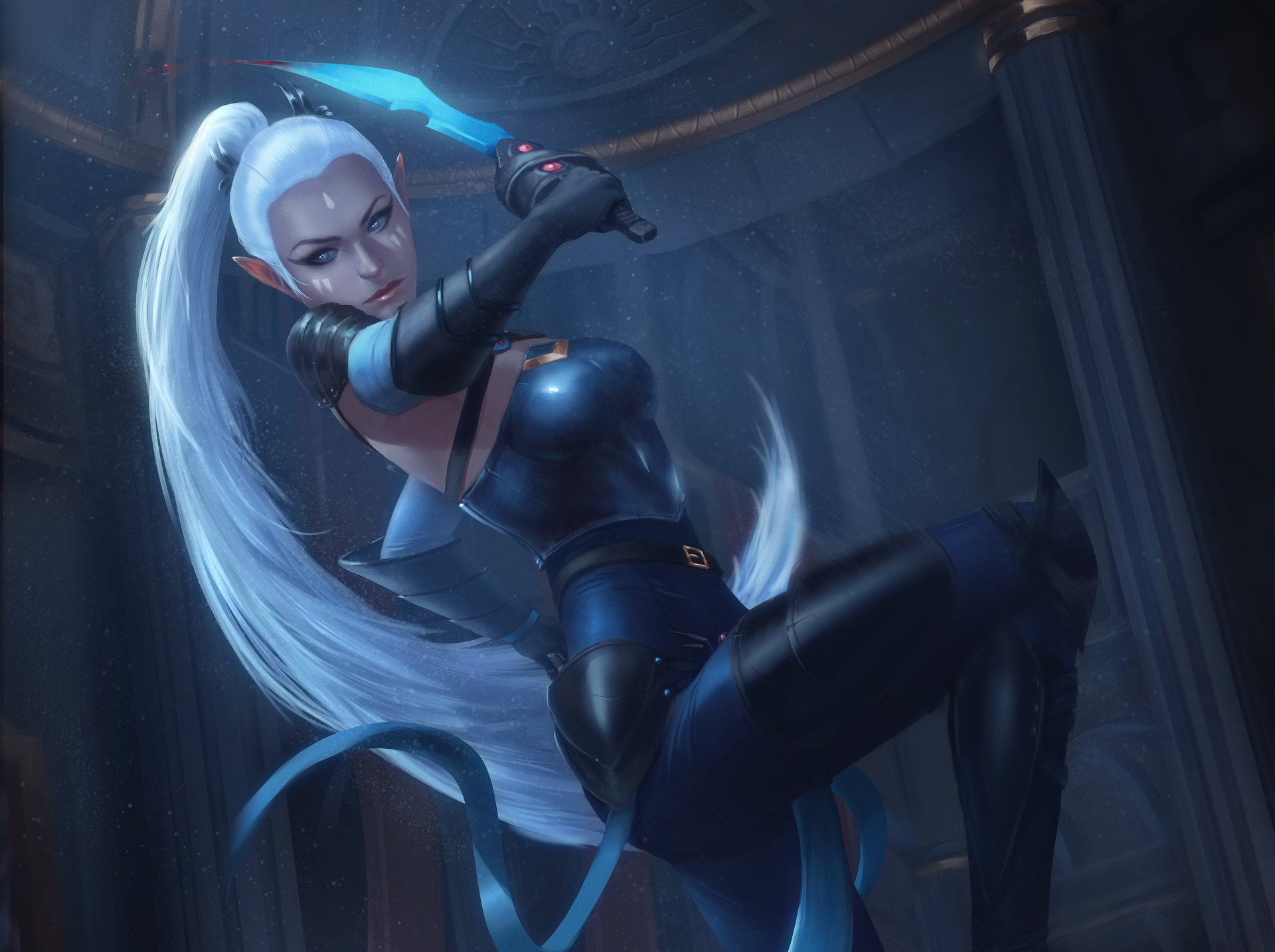 This HD wallpaper features a fierce elf woman warrior with white hair, blue eyes, and pointed ears wielding a dagger in a dynamic pose, set in a dark, fantasy-inspired background.