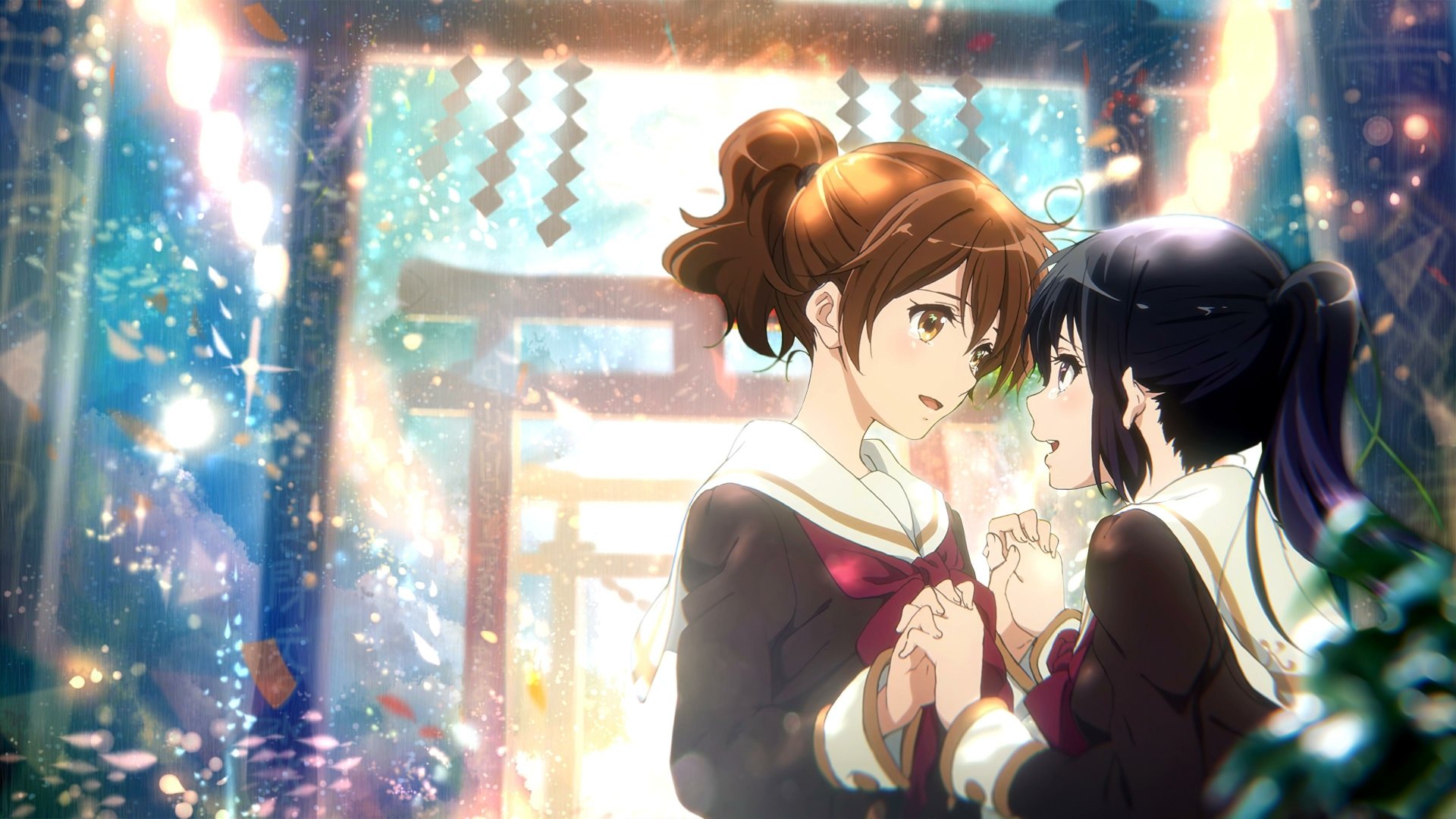 4K Ultra HD anime wallpaper featuring Reina Kousaka and Kumiko Oumae from Sound! Euphonium, sharing a heartfelt moment with glowing lights and a torii gate backdrop.