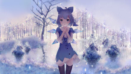 An HD desktop wallpaper featuring Cirno from Touhou, standing in a serene snowy landscape with a forest in the background, showcasing her icy blue outfit and delicate ice wings.