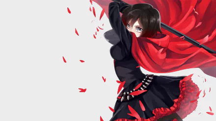HD desktop wallpaper featuring Ruby Rose from RWBY anime, with a dynamic pose and red and black attire, surrounded by falling petals against a white background.