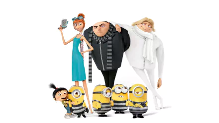 HD desktop wallpaper featuring characters Dru, Agnes, Lucy, Gru, and Minions from Despicable Me 3 standing together.