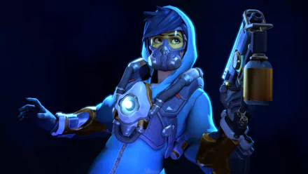 4K Ultra HD PC desktop wallpaper featuring Tracer from the video game Overwatch in a dynamic pose, wearing a blue hoodie and holding her pulse pistols.