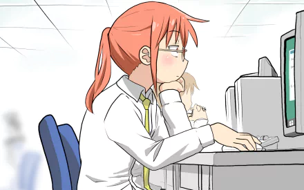 HD PC desktop wallpaper featuring Kobayashi from the anime Miss Kobayashi's Dragon Maid, shown working at a computer in an office setting.