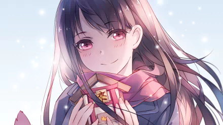HD desktop wallpaper featuring Hiyori Iki from Noragami. She has brown hair, pink eyes, and a blush, smiling warmly while holding an object. She is also wearing a scarf.