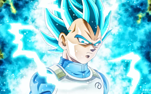 HD desktop wallpaper featuring Vegeta from Dragon Ball Super, showcasing his intense expression and glowing blue energy aura. This vibrant anime image captures the powerful essence of Vegeta.