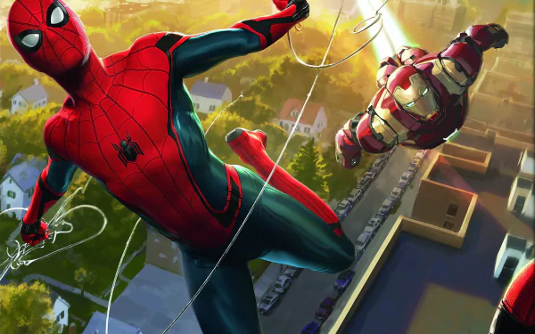 HD wallpaper featuring Spider-Man web-slinging alongside Iron Man over a suburban cityscape, inspired by the movie Spider-Man: Homecoming.