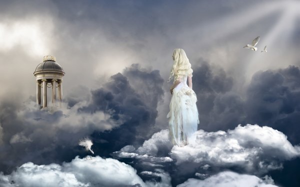 Fantasy Women Blonde Gazebo Cloud Dove White Dress HD Wallpaper | Background Image