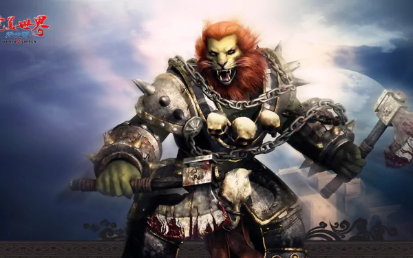 HD PC desktop wallpaper featuring a fierce lion warrior character from the video game Perfect World wielding dual axes against a stormy sky backdrop.