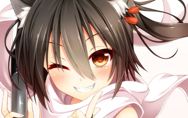 HD anime wallpaper of Sendai from Kantai Collection, featuring a cheerful character with brown hair, orange eyes, and cat ears, smiling and winking against a light background.