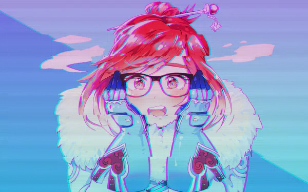 HD PC desktop wallpaper featuring Mei from Overwatch in a colorful, stylized digital artwork with a glitch effect.
