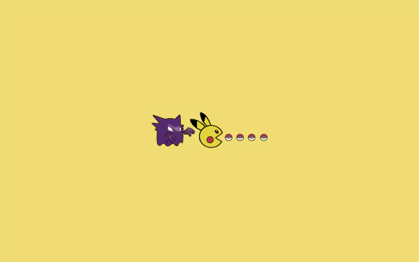 HD PC desktop wallpaper featuring anime-style Gengar and Pikachu from Pokémon on a plain yellow background.