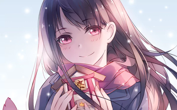 HD desktop wallpaper featuring Hiyori Iki from Noragami. She has brown hair, pink eyes, and a blush, smiling warmly while holding an object. She is also wearing a scarf.