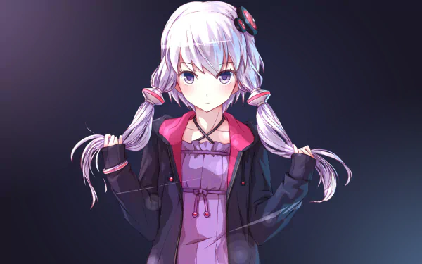 HD PC desktop wallpaper featuring Yuzuki Yukari, an anime-style Vocaloid character with silver hair styled in twin braids, wearing a dark jacket and purple outfit.