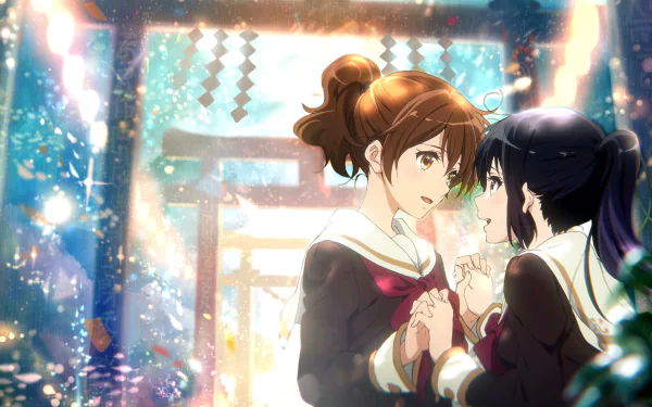 4K Ultra HD anime wallpaper featuring Reina Kousaka and Kumiko Oumae from Sound! Euphonium, sharing a heartfelt moment with glowing lights and a torii gate backdrop.