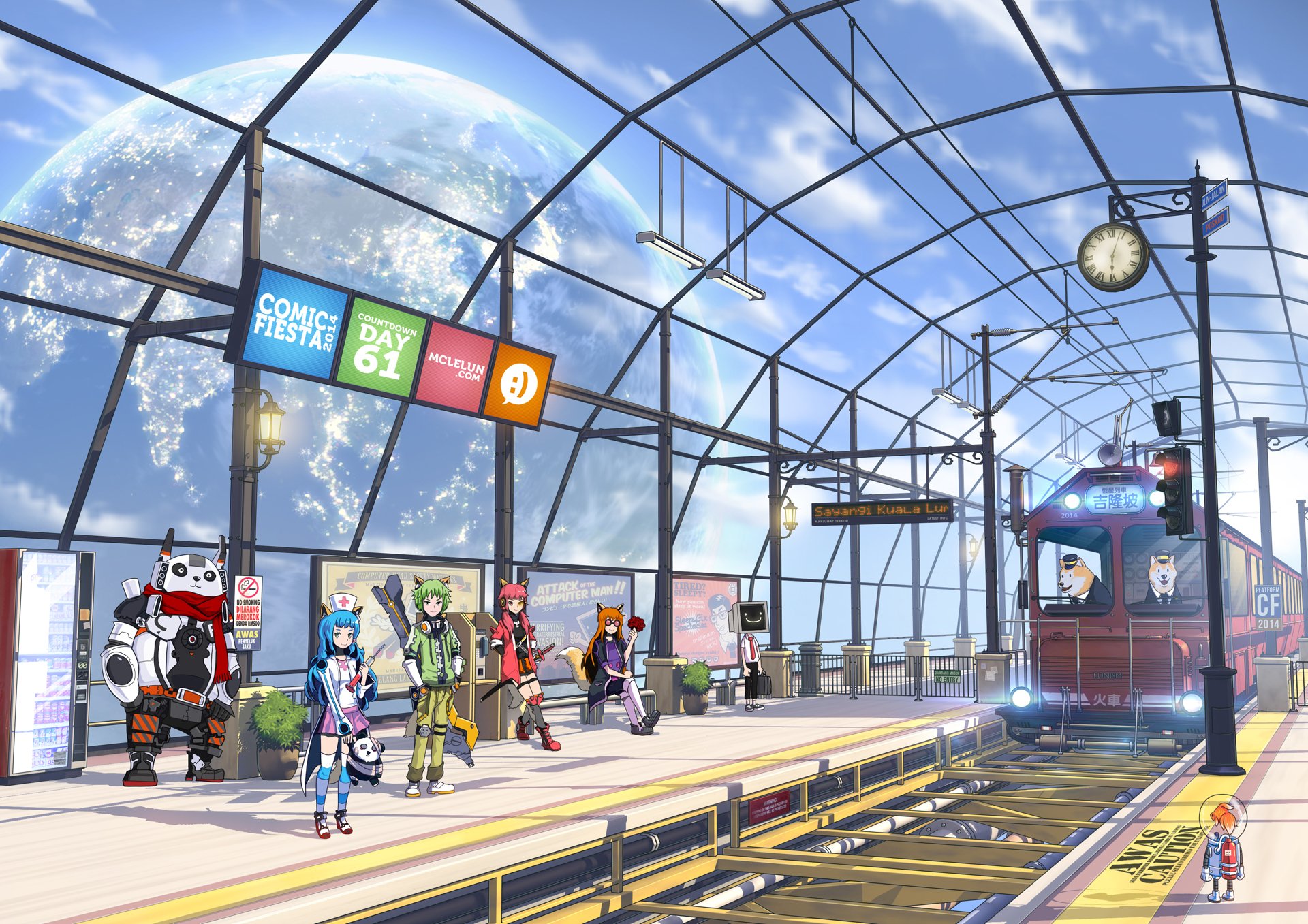 Anime-style original HD PC desktop wallpaper depicting a futuristic train station with diverse characters waiting under a transparent dome showcasing a planet and distant stars.