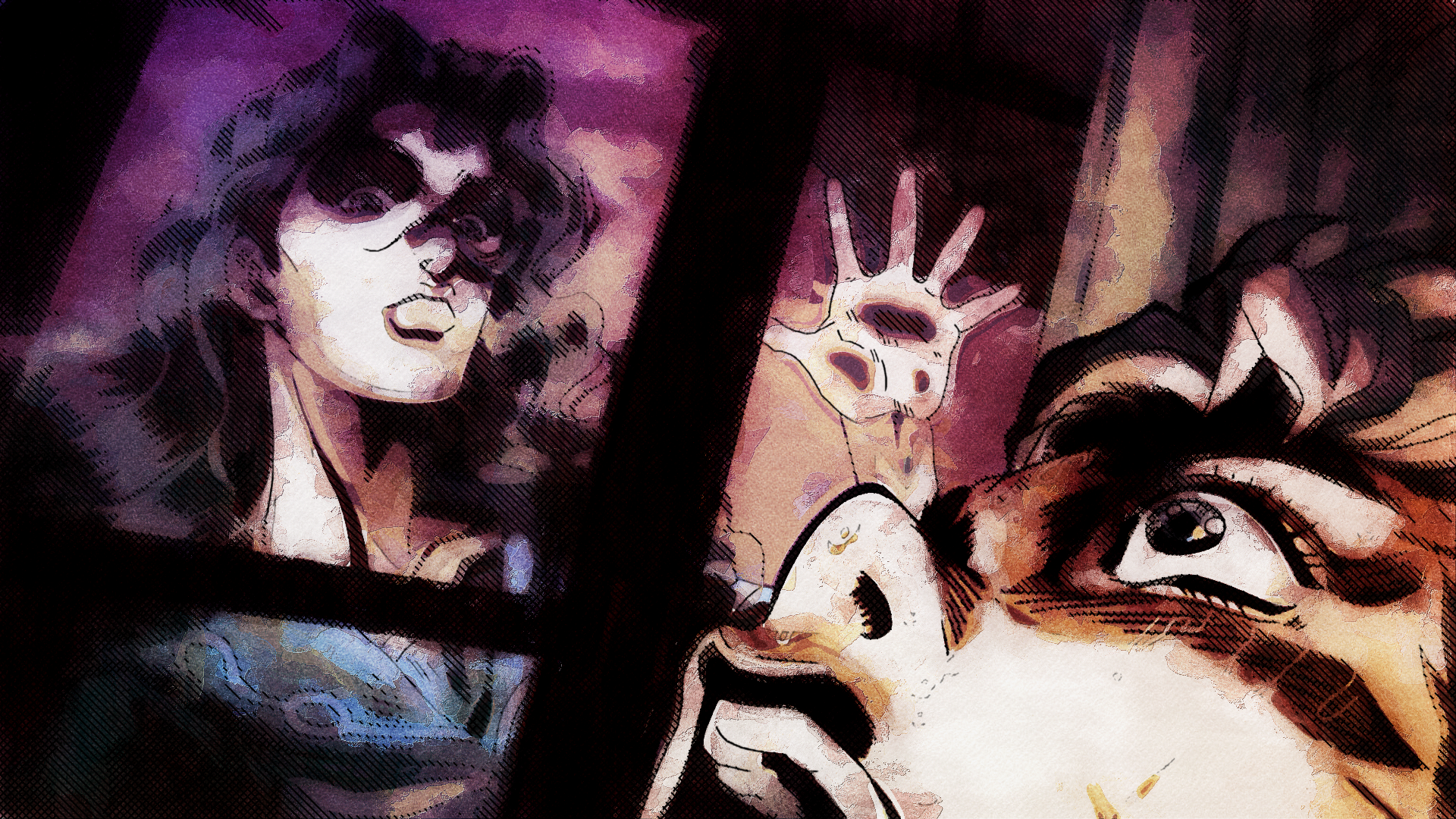 HD anime wallpaper featuring Koichi Hirose and Yukako Yamagishi from Jojo's Bizarre Adventure in a dramatic, intense scene with vivid colors and shadows.