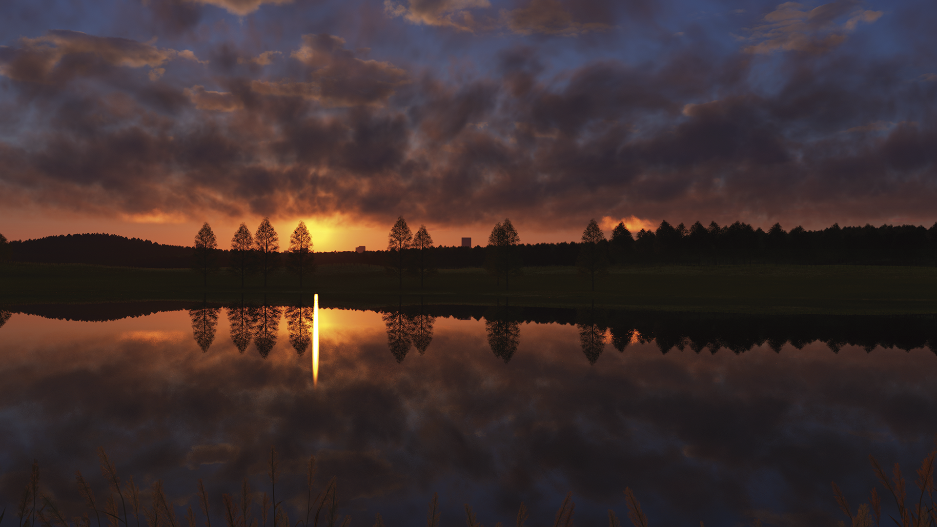 Anime-inspired original HD desktop wallpaper featuring a serene sunset scene with silhouetted trees reflected in a calm lake.