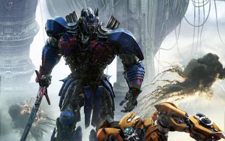 HD desktop wallpaper of Optimus Prime from Transformers: The Last Knight, featuring an intense battle scene with another transformer amidst a futuristic background.