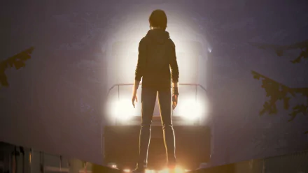 Chloe Price from Life Is Strange: Before The Storm stands in front of a train at night, wearing a hoodie, jeans, and bracelet. The background is illuminated by the train's headlights. HD desktop wallpaper.