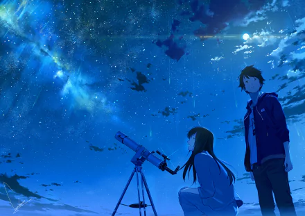 Anime-style night scene with a starry sky. Two characters, one using a telescope, feature in this HD wallpaper background tagged as original.