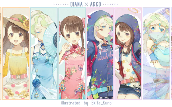 HD desktop wallpaper featuring anime characters Akko Kagari and Diana Cavendish from Little Witch Academia, depicted in various stylish outfits.