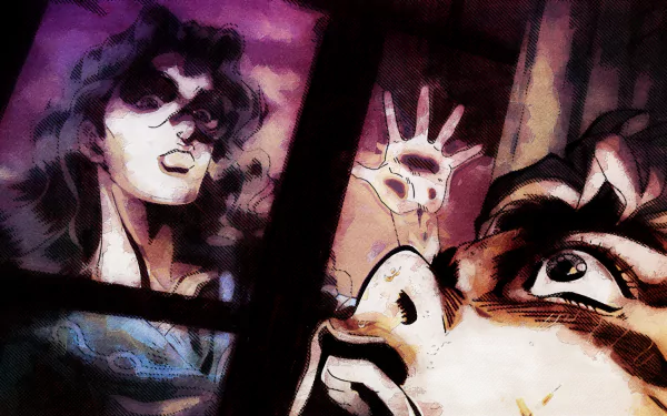 HD anime wallpaper featuring Koichi Hirose and Yukako Yamagishi from Jojo's Bizarre Adventure in a dramatic, intense scene with vivid colors and shadows.