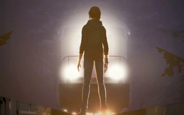 Chloe Price from Life Is Strange: Before The Storm stands in front of a train at night, wearing a hoodie, jeans, and bracelet. The background is illuminated by the train's headlights. HD desktop wallpaper.