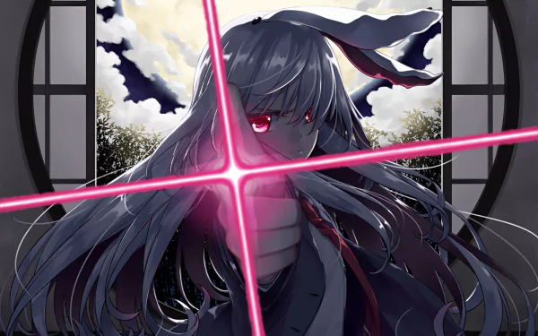 HD PC desktop wallpaper featuring Reisen Udongein Inaba from the anime Touhou, with glowing red eyes and a dynamic energy cross in a dark, moonlit setting.