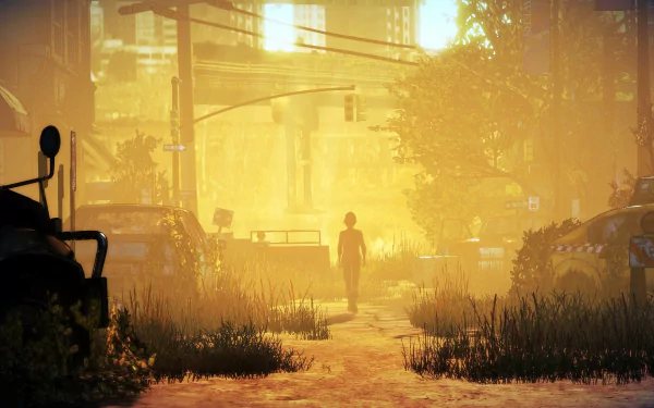 HD PC desktop wallpaper featuring Clementine from The Walking Dead: A New Frontier, depicting her walking through a sunlit, overgrown urban street.