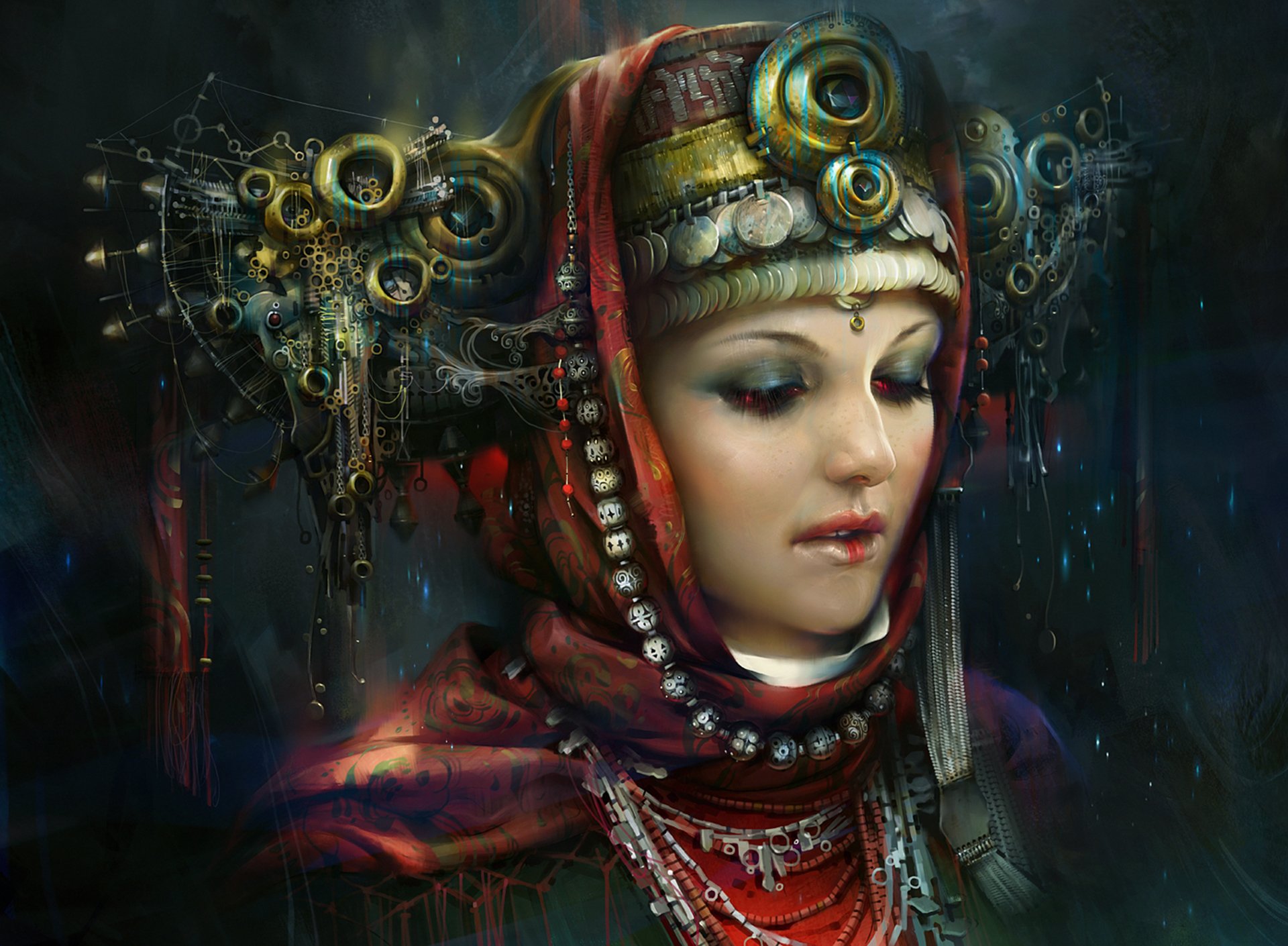 Futuristic fantasy image of a woman adorned with intricate, steampunk-inspired metal jewelry and an elaborate crown, set against a dark background. HD wallpaper and desktop background.