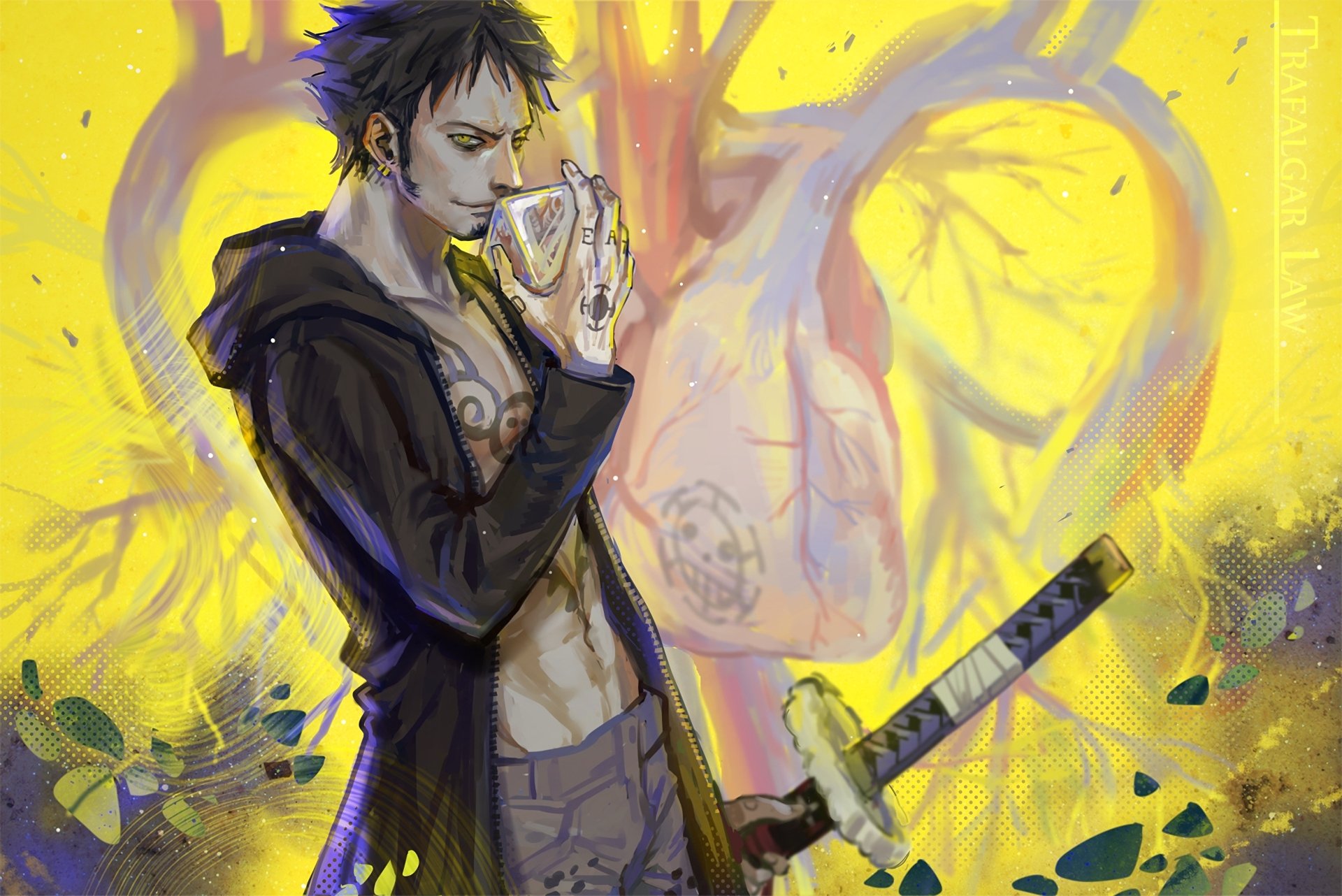 HD desktop wallpaper featuring Trafalgar Law from the anime One Piece. He stands with his sword, surrounded by a vibrant yellow background and anatomical heart illustration.