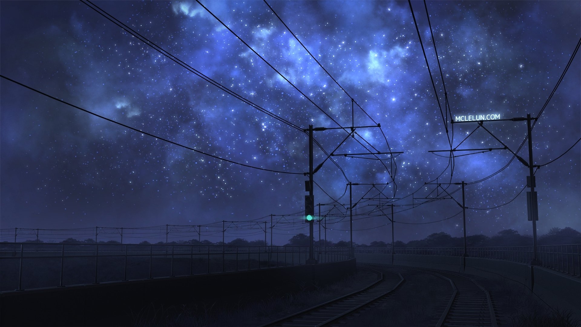 A stunning HD anime wallpaper featuring a serene night sky filled with stars and a railway line. The scene exudes a mystical, tranquil vibe, blending beautifully with the original anime art style.
