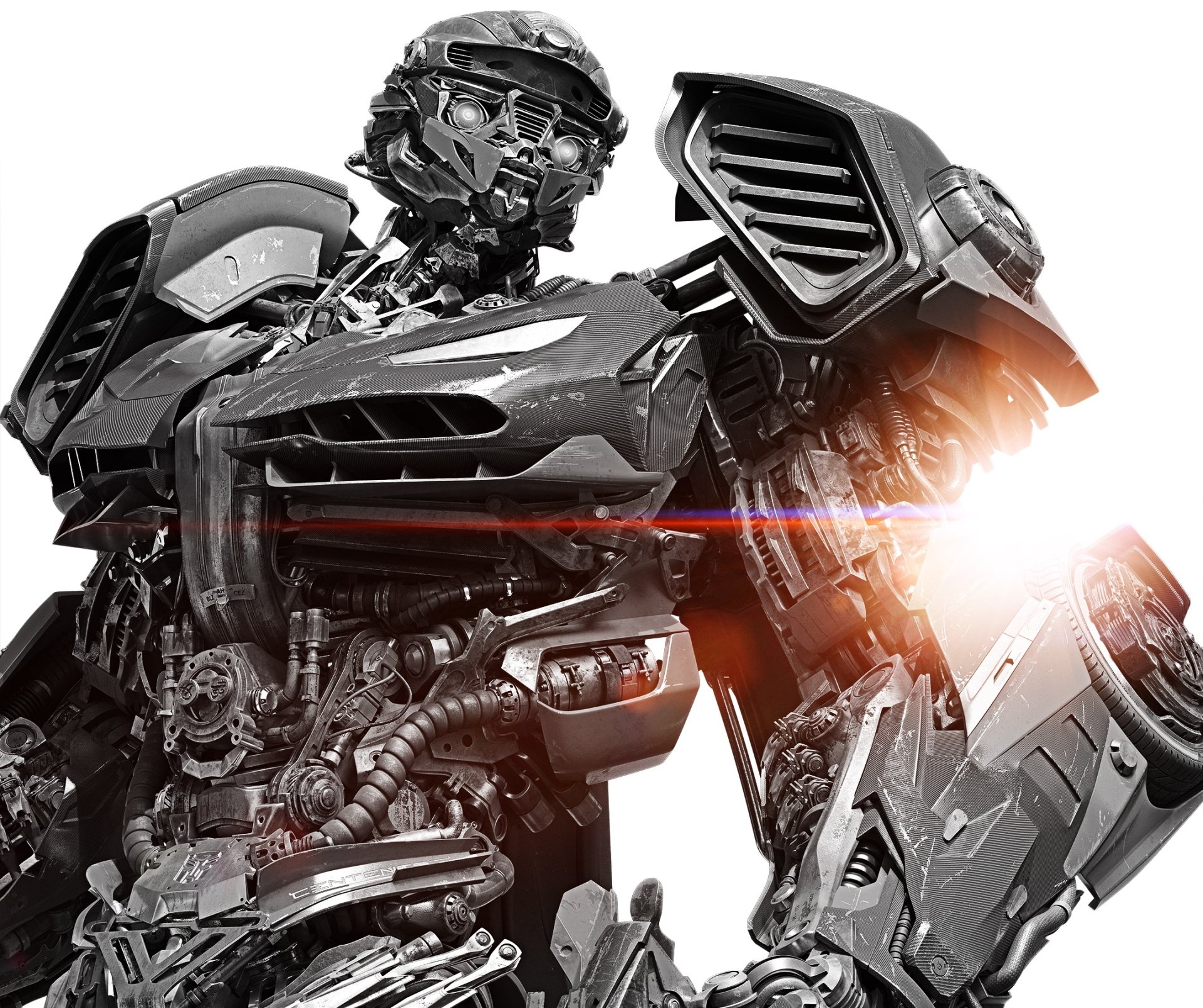 Close-up of Hot Rod from Transformers: The Last Knight — detailed metallic robot with glowing lens flare, HD PC desktop wallpaper and background.