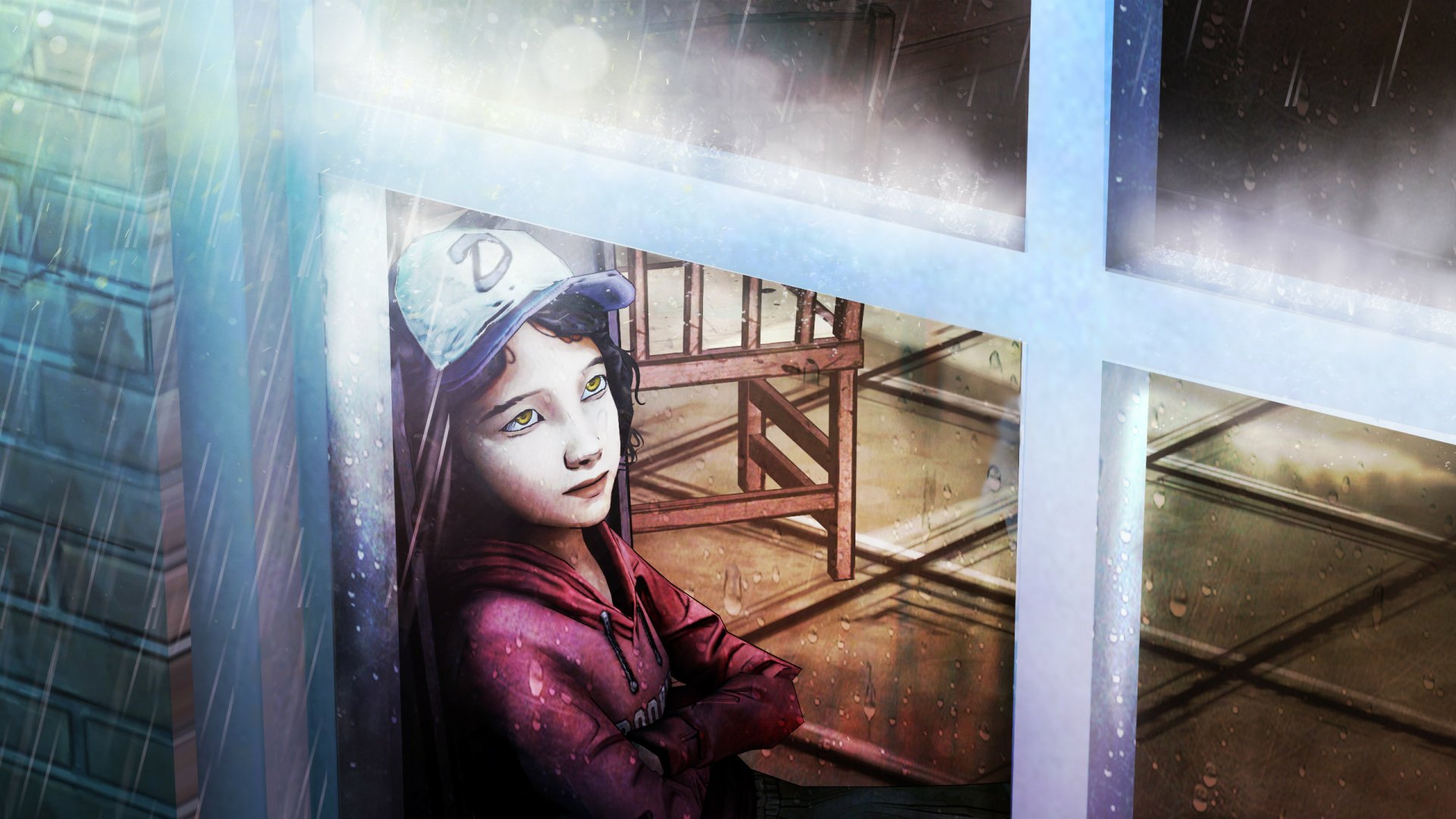 HD wallpaper featuring Clementine from The Walking Dead: Season 1 video game, leaning against a window and looking outside, with a reflective and thoughtful expression.