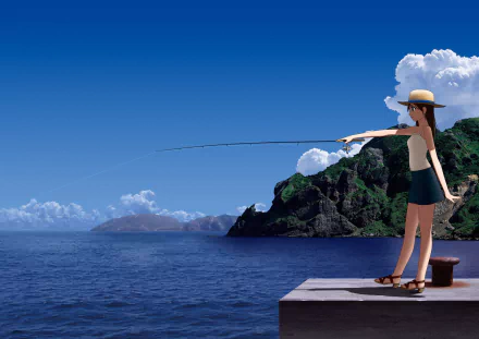 Anime-style HD desktop wallpaper depicting a person fishing off a dock with a scenic ocean and rocky island backdrop under a clear blue sky.