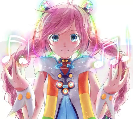HD desktop wallpaper featuring Rana from Vocaloid, with pink hair in braids and twintails, wearing headphones and a colorful outfit, smiling with a blush and blue eyes, surrounded by musical notes.