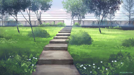 An HD anime artwork of a serene pathway with stone steps surrounded by vibrant green grass and blooming flowers, leading to a fence under a clear sky. This original piece makes a beautiful desktop wallpaper.