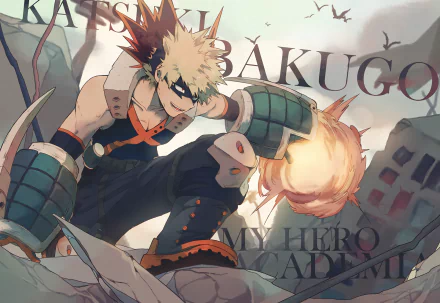 HD desktop wallpaper featuring Katsuki Bakugou from the anime My Hero Academia, showcasing his powerful, intense pose with an explosion in a dynamic and action-packed background.