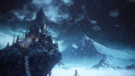 HD wallpaper featuring a majestic snow-covered castle at night from the video game Dark Souls III, set against a backdrop of dramatic mountains and a starry sky.