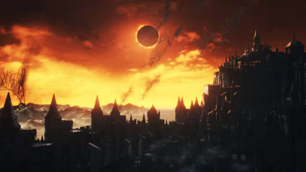HD desktop wallpaper featuring a dramatic eclipse over a dark, gothic landscape from the video game Dark Souls III. The sky is bathed in eerie orange, highlighting the intricate castle architecture.