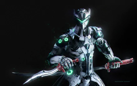 HD desktop wallpaper featuring Genji from Overwatch, showcasing the character with his signature swords against a dark background, highlighting the detailed and vibrant design from the video game.