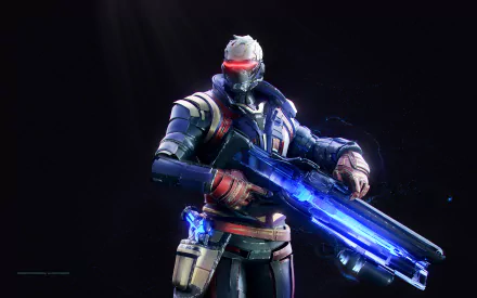 Soldier: 76 (Overwatch) wielding a glowing blue pulse rifle against a dark backdrop — 2K Quad HD PC desktop wallpaper/background, video game artwork.
