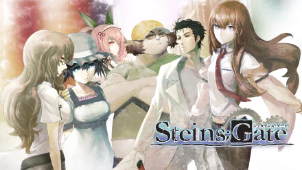 HD desktop wallpaper featuring characters Itaru Hashida, Faris Nyannyan, Moeka Kiryū, Mayuri Shiina, Kurisu Makise, and Rintaro Okabe from the anime Steins;Gate.