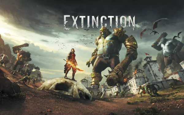 5K Ultra HD PC desktop wallpaper: Extinction (video game) scene of a sword-wielding warrior confronting towering orc giants amid a ruined village.
