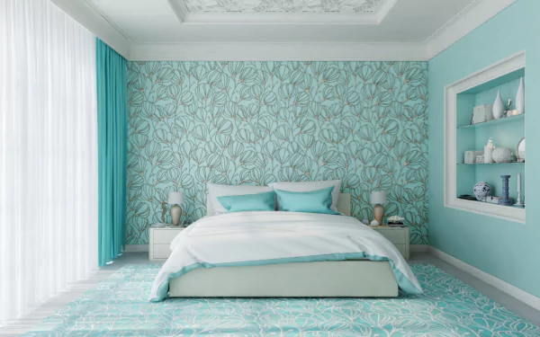 A modern bedroom featuring a large bed with matching teal bedding, floral wallpaper, and coordinated furniture, captured in HD for a PC desktop wallpaper background.