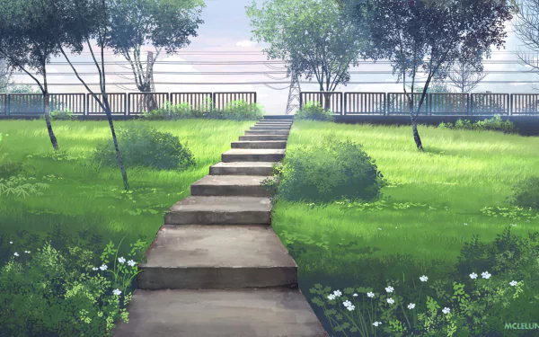 An HD anime artwork of a serene pathway with stone steps surrounded by vibrant green grass and blooming flowers, leading to a fence under a clear sky. This original piece makes a beautiful desktop wallpaper.