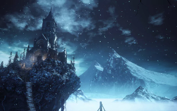 HD wallpaper featuring a majestic snow-covered castle at night from the video game Dark Souls III, set against a backdrop of dramatic mountains and a starry sky.