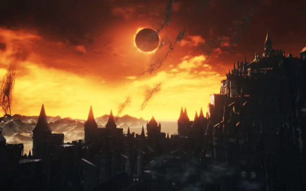 HD desktop wallpaper featuring a dramatic eclipse over a dark, gothic landscape from the video game Dark Souls III. The sky is bathed in eerie orange, highlighting the intricate castle architecture.