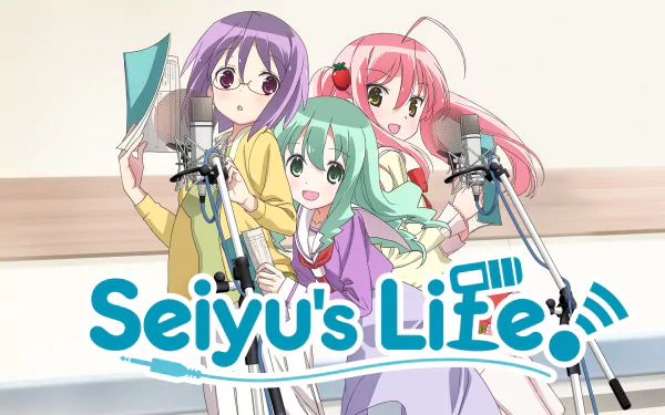 2K Quad HD PC wallpaper of Ichigo Moesaki, Rin Kohana, and Futaba Ichinose from Sore ga Seiyuu! recording in a studio, smiling with microphones and the Seiyu's Life logo.